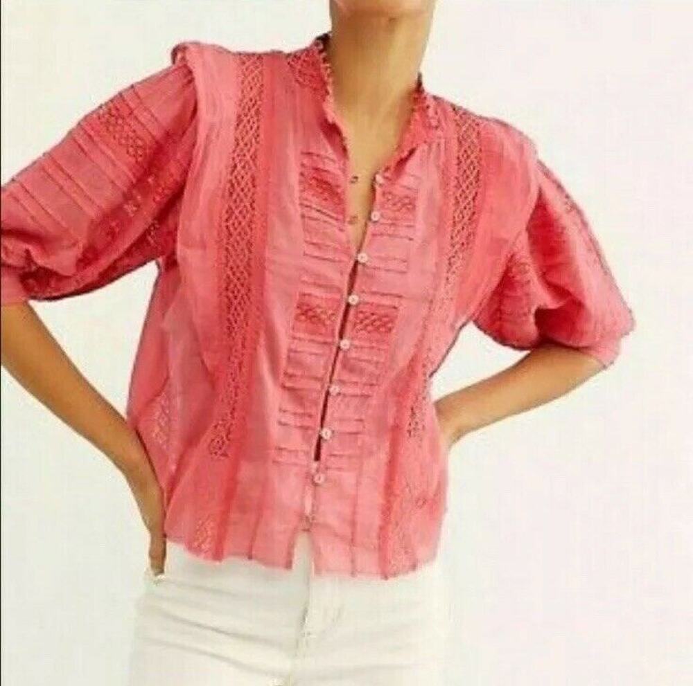 FP FREE PEOPLE Lace Crochet Puff Poof Sleeve Button Front Victorian Blouse XS